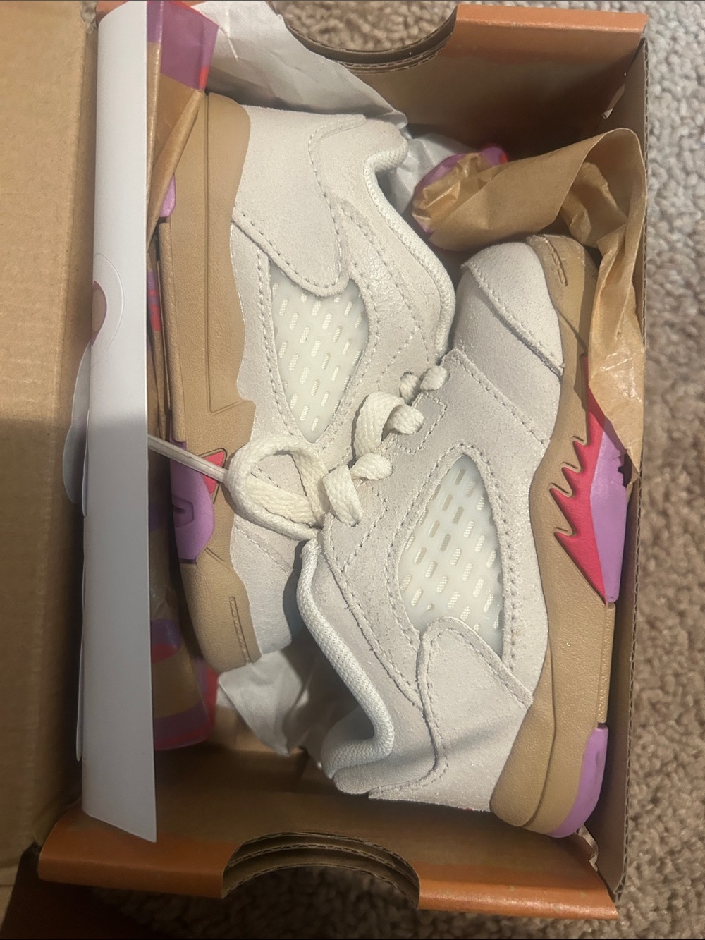 Jordan Kids White Sneakers with Tan and Pink Accents